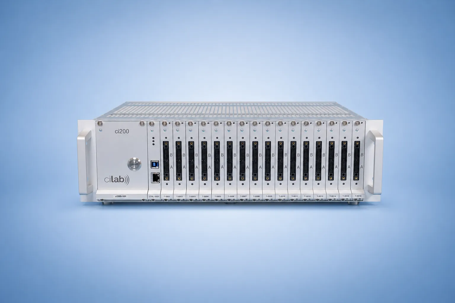 cilab ci200 production tester — 3U rack with 16 dual-channel test-head slots, front view