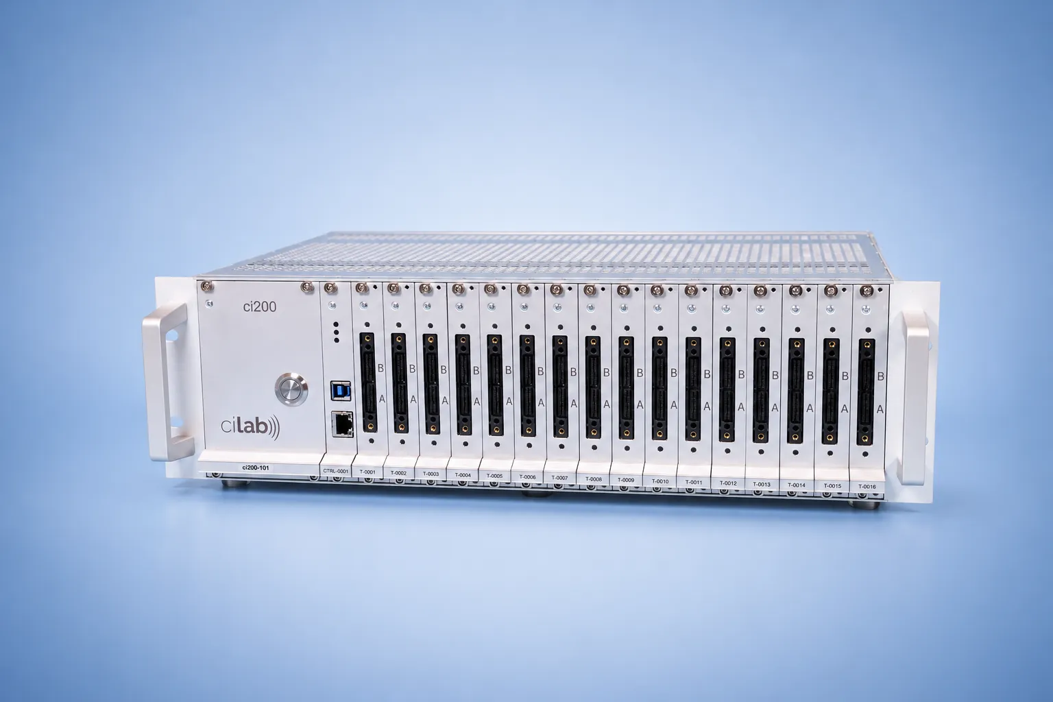 ci200 rack front view showing the controller slot and 16 numbered test-head slots