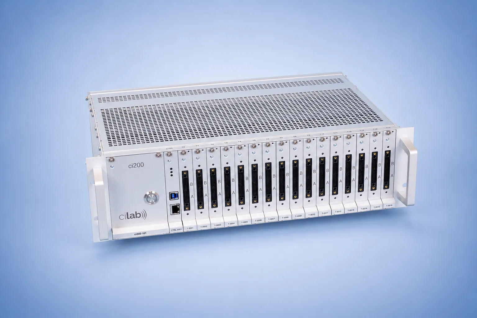cilab ci200 production tester, angled view of the populated 16-slot rack