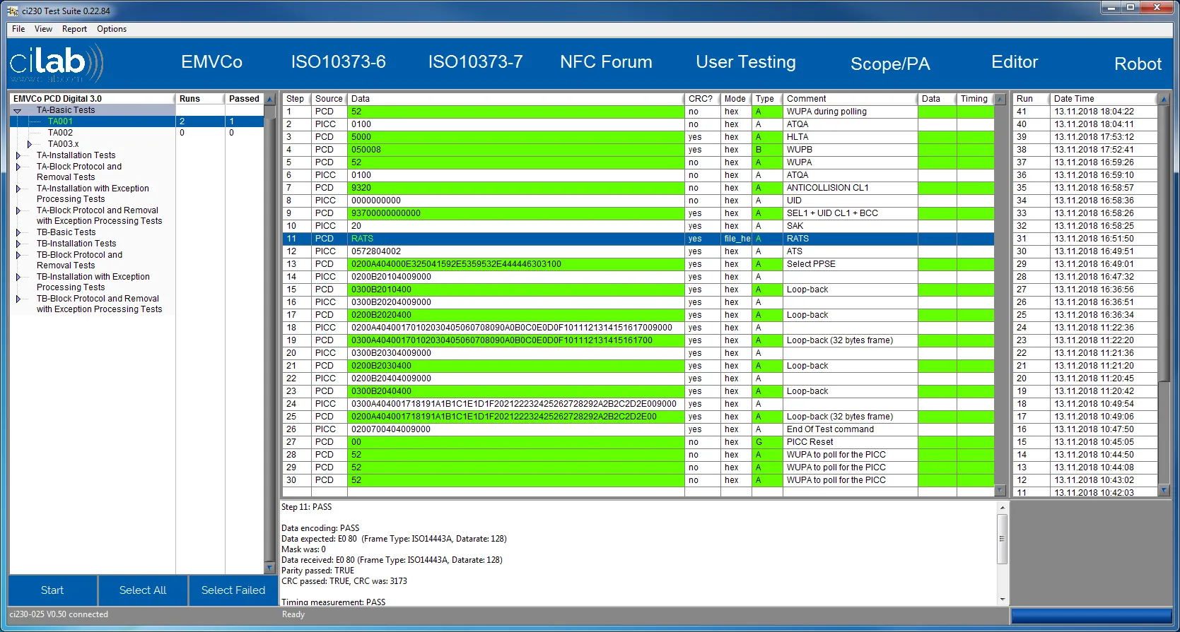 ci230 software running EMV®, ISO 10373 and NFC Forum test cases