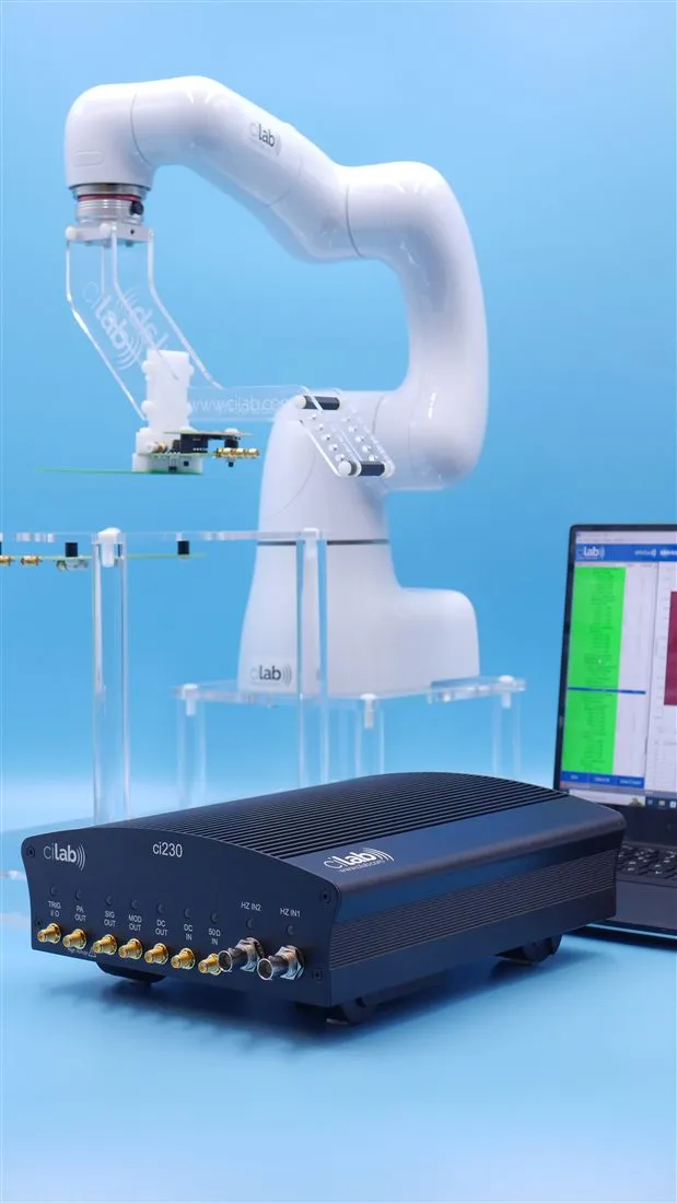 ci230 NFC test system with a Cobotta robot and a reference antenna assembly
