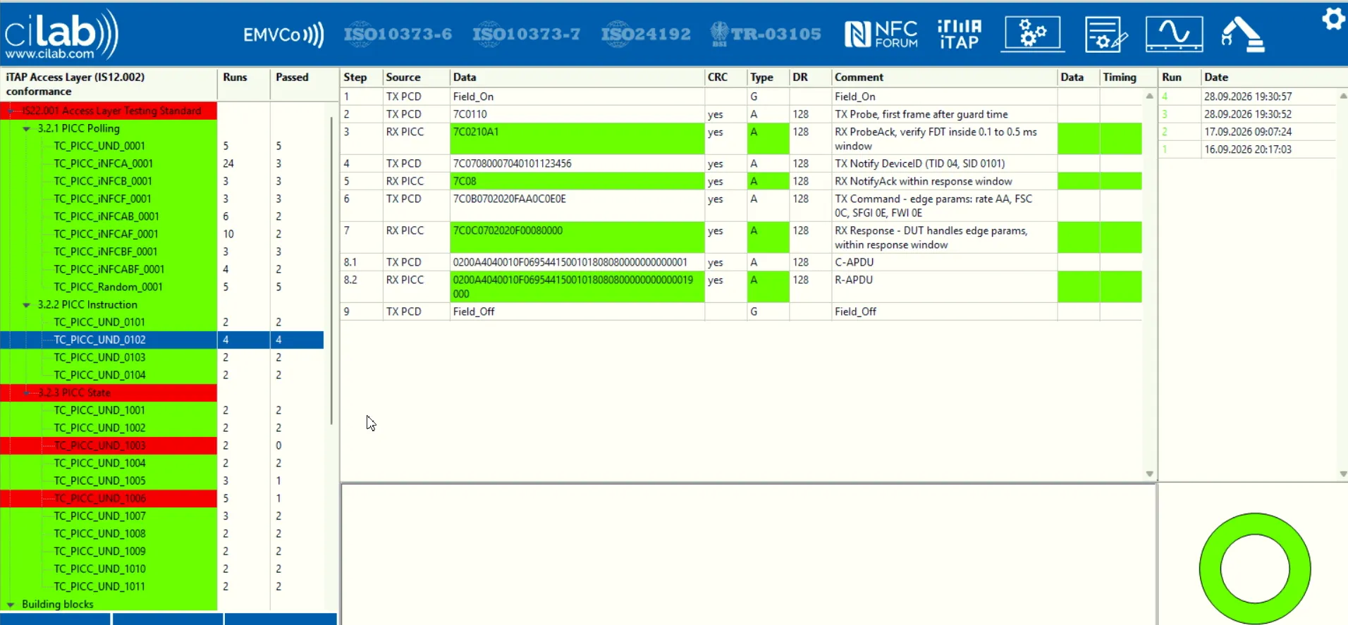 ci230 iTAP test suite running an access-layer test case: Probe, ProbeAck with FDT check, Notify DeviceID, command and C-APDU / R-APDU exchange