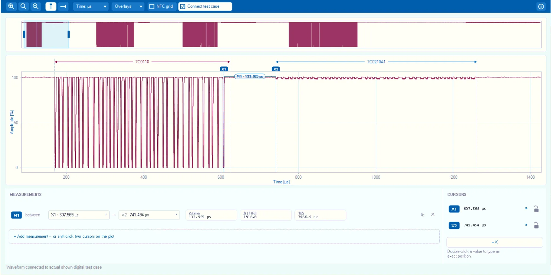 ci230 waveform display of an iTAP Probe and ProbeAck, with cursors measuring the PICC response time