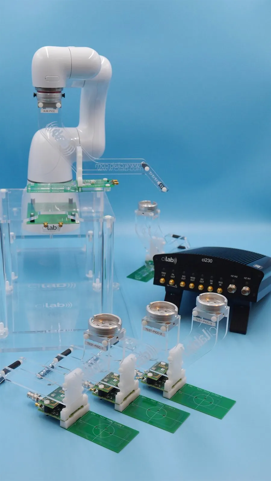cilab EMV® Level 1 bench — a Cobotta robot, the ci230 and the EMV® TEST-PICC Class 1/2/3 reference equipment